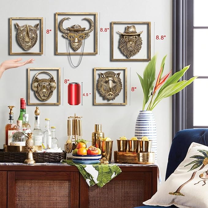 JJALIGHTS Exquisite Resin Animal Head Wall Sculpture (Gift Metal Frame) - Imitation Copper Vintage Decor for Living Room, Bedroom & Office | Decorative Wall Hanging Art (Rhinoceros)