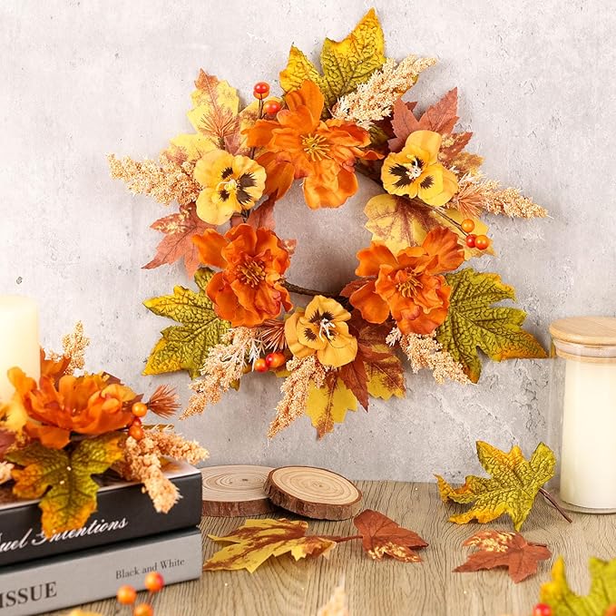 8 Pcs Fall Floral Swags Wreaths Mini Autumn Artificial Candle Rings Wreaths with Berries 3 inch Farmhouse Cabinets Hanging Wreath for Pillar Front Door Porch Wall Window Decoration