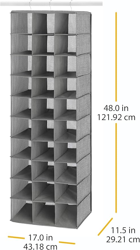Whitmor 30 Sections Hanging Clothes Closet Organizer, Space Saving Breathable Fabric Shoe Storage for Bedroom, Laundry, Dorm, Crosshatch Gray