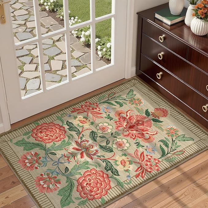 GarveeHome Camel Pink Floral 2x3 Door Mat Indoor Rugs for Entryway Small Taupe Brown Vintage Boho Cottage Washable Non-Slip Low-Pile Rug for Bedroom Kitchen Bathroom Entrance