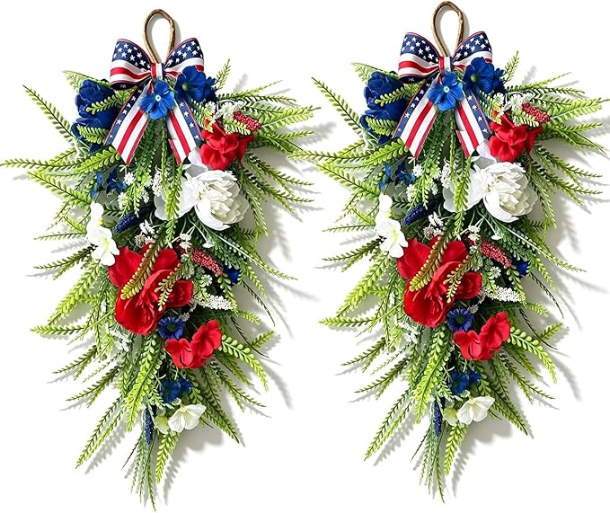 2 Pack 21'' Patriotic Teardrop Swag Wreaths Artificial 4th of July Red White Blue Floral Swag with Fern Leaves Peonies Roses for Independence Day Memorial Day Front Door Porch Cabinet Window Wall