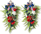 2 Pack 21'' Patriotic Teardrop Swag Wreaths Artificial 4th of July Red White Blue Floral Swag with Fern Leaves Peonies Roses for Independence Day Memorial Day Front Door Porch Cabinet Window Wall