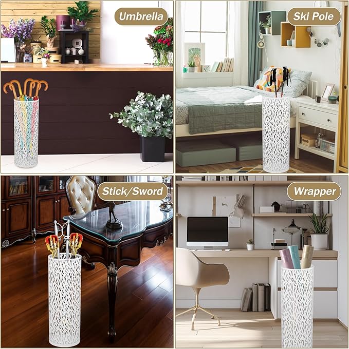 Umbrella Holder Bin Waterproof Umbrella Storage Rack Indoor Walking Stick Holder Metal Rack Freestanding Umbrella Stand Round Umbrella Holder for Home Entryway Office Hotel (white)