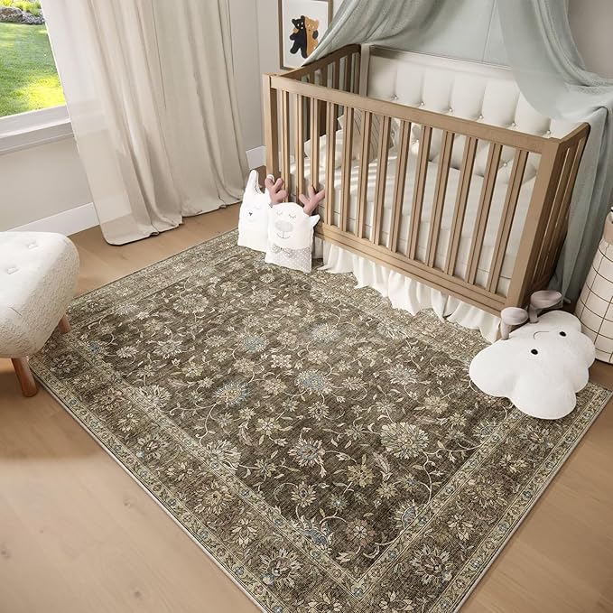 Washable 3x5 Entryway Rug, Boho Non-Slip Vintage Distress Small Rugs for Kitchen Nursery Office Bedroom, 0.3" Neutral Oriental Throw Thin Carpet with Cushioning Pad, Tan/Flaxen/Multi