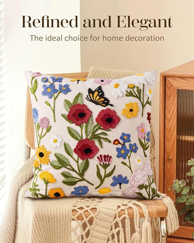 Embroidered Throw Pillow Cover 18x18 Inch - Spring Summer Boho Decorative Pillow Cover with Zipper for Living Room Couch Sofa Bed Aesthetic Design Retro Flower Cushion Pillowcase