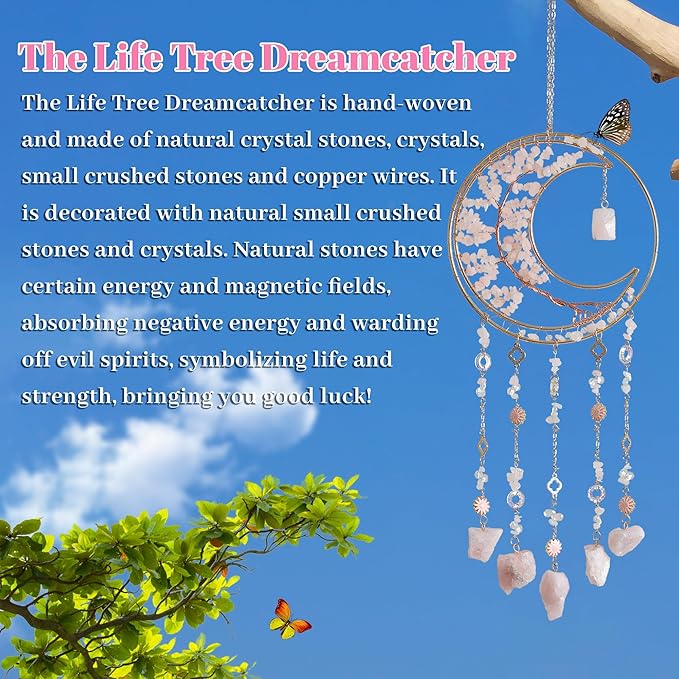 Dream Catchers Tree of Life Dream Catcher Rose Quartz Dreamcatcher Wall Decor with Healing Crystal Stone Dream Catcher Crystals for Windows for Bedroom Home Decor Birthday Garden-Pink