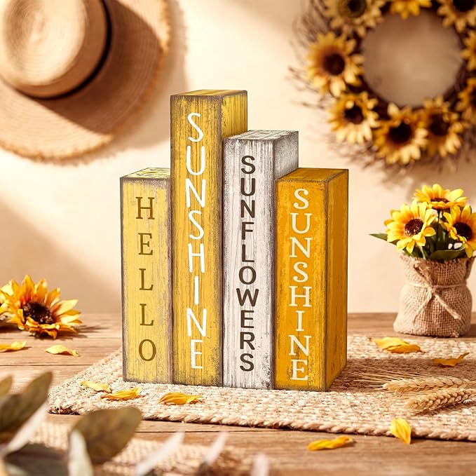 Lineshading 4 Pcs Summer Table Decoration Wooden Book Sunflower Decoration Yellow and White Summer Tiered Tray Decor Wood Book Sign Farmhouse for Home Shelf Coffee Table