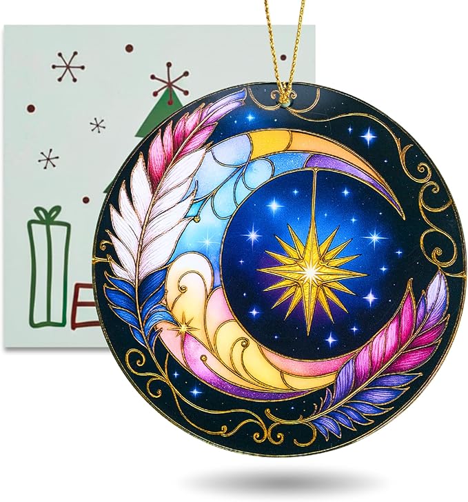 Sun and Moon Decor Decorative Ornament for Christmas Ornaments, Celestial Decor Round Acrylic Hanging, Stained Glass Effect Window Hanging Style, Thanksgiving Gifts, Moon Gifts for Women