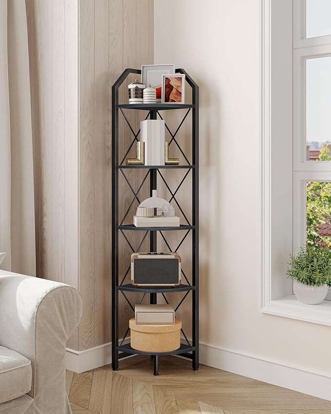 CHOEZON 5-Tier Corner Shelf, Industrial Corner Bookshelf, 59.4" Corner Storage Stand, Plant Stand Display Shelf, Corner Bookcase for Bedroom, Living Room, Home Office, Black TCJ10BB