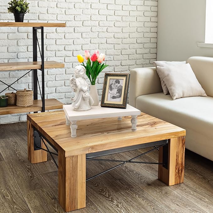 Wooden Riser Decorative Tray, Farmhouse Wood Pedestal Stand, Rustic Whitewashed Tray Riser Display Stand, Coffee Bar, Dining Room, Centerpiece, Kitchen, Bathroom Table Decor (Washwhite)