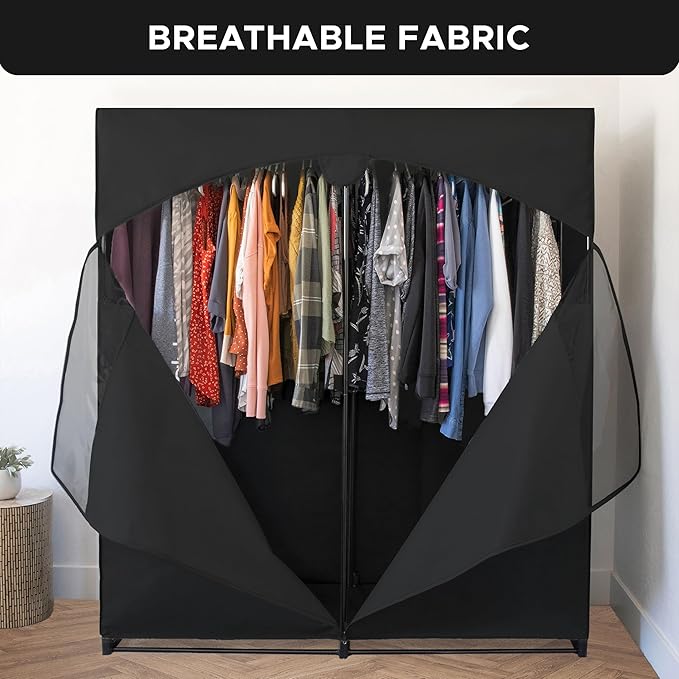 HOLDN’ STORAGE Portable Wardrobe Closet - 65 lb Large Capacity, Internal Heavy Duty Metal Rod, Zipper & Clear Window, Durable Clothes Organizer, Tool-Free Easy Assembly, Black Canvas Cover