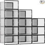 Kuject XXX-Large Shoe Storage Boxes Organizers Clear Plastic Stackable 12 Pack, Shoe Rack & Holder Substitute, Sneaker Containers, Toy Storage Organizer Bins for,Closet, Under Bed, Black(No Fold Line)