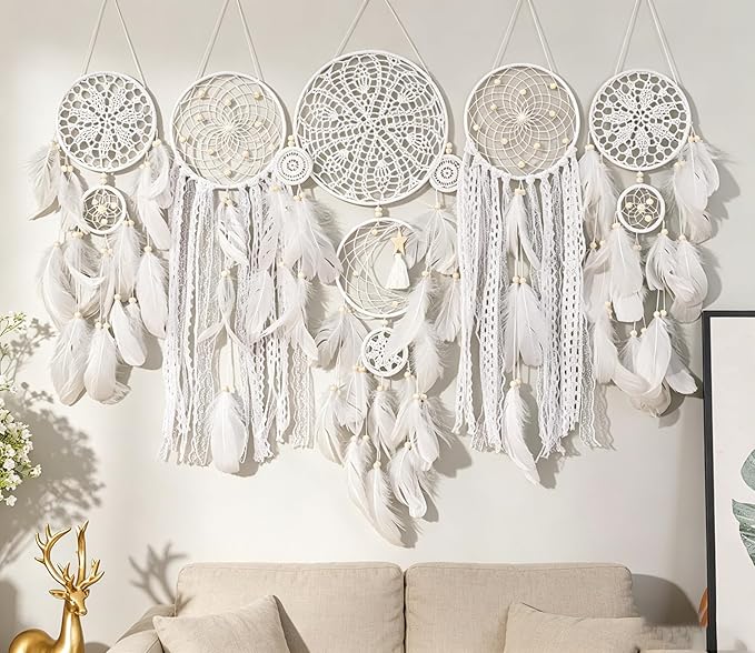 Set of 5 Boho, Hanging Large Boho Dream Catcher Wall Hanging Moon Dream Catcher Set Dream Catchers Wall Decor for Vintage Wedding Home Decorations (WHITC)