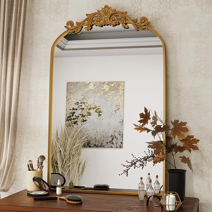 VooBang Vintage Arched Bathroom Mirror, 24x36 Inch Retro Wall Mounted Vanity Mirror with Carved Pattern Top and Metal Frame, Gold Decorative Mirror for Hanging or Leaning
