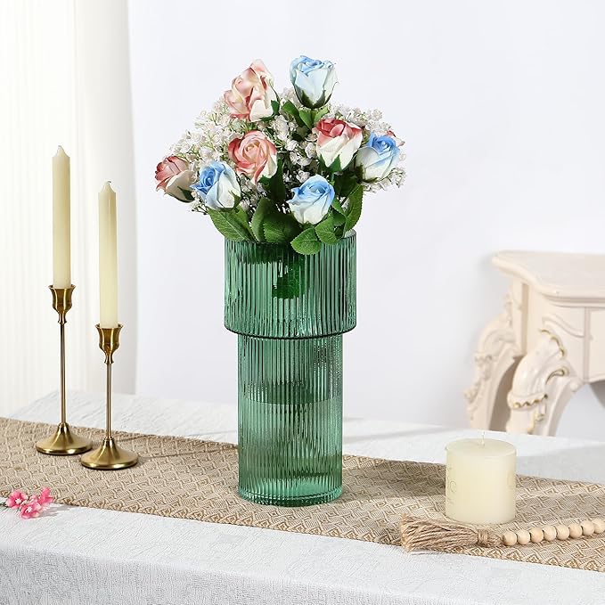 Large Glass Vase, 12 Inches Tall Vase for Flowers, Green Flower Vases for Bouquet, Modern Green Glass Vases for Living Room, Dining Table, Office, Entryway, Mantle, Shelf, Wedding Gifts