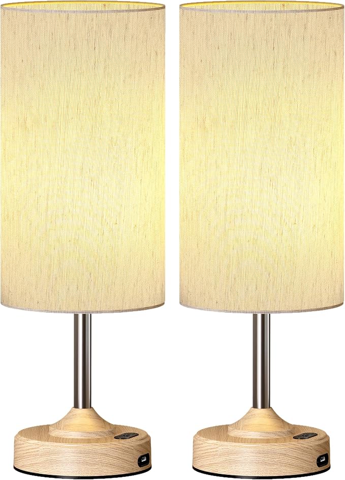 Rechargeable Table Lamp, 2-Pack, Ambient Light, Dimmable, 2700K, Timer, Touch Control, Portable, LED, Wireless, Cordless e, Battery Operated, Desk Lamp, Kitchen Lamp, Fabric Shade, Wood-Grain Finish