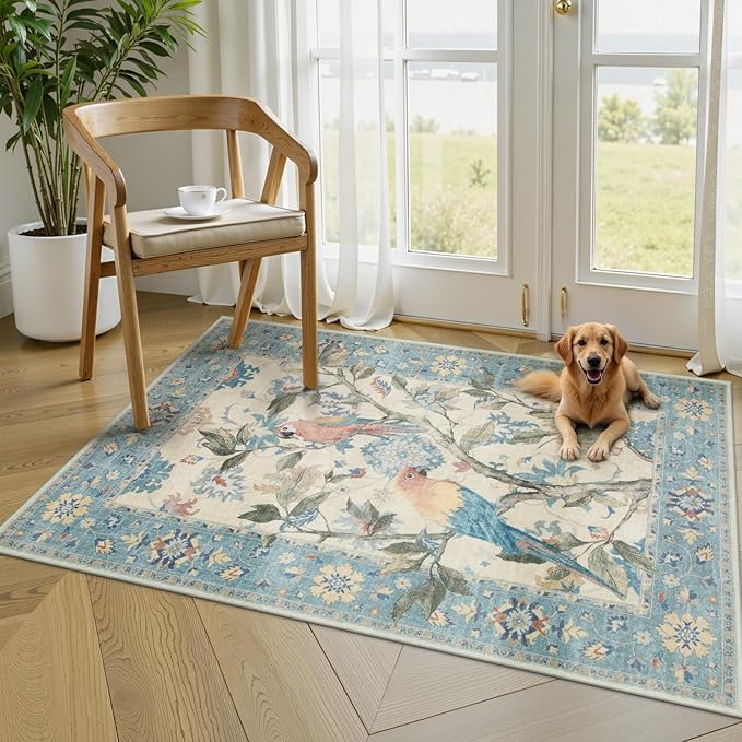 Lahome Botanical Birds Washable Blue 3x5 Rugs for Entryway, Non Slip Kitchen Rug Blue Bathroom Rugs, Boho Vintage Soft Indoor Throw Carpet for Living Room Front Door