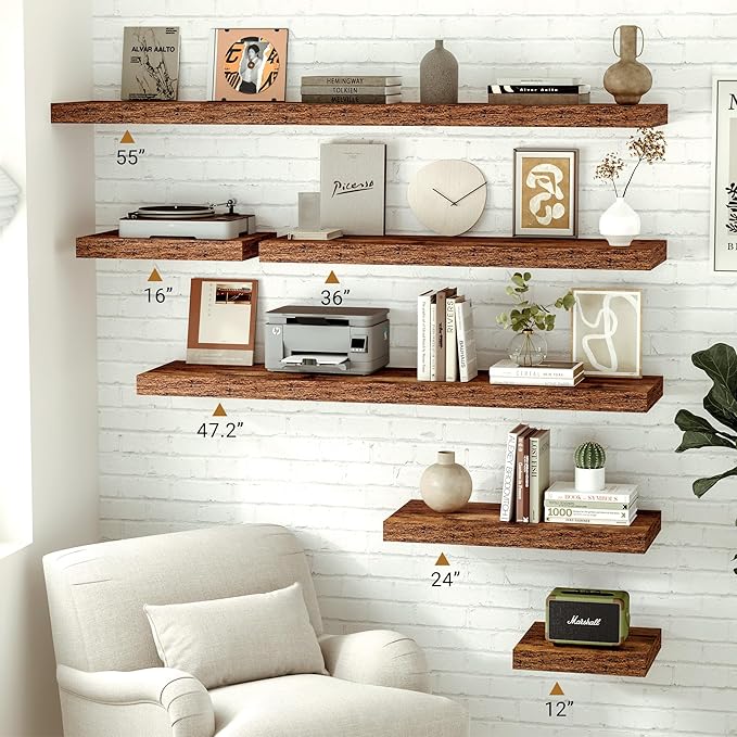 Vivelove 12x12 Floating Shelves for Wall, 12" Deep Shelves with Invisible Brackets, for Living Room Bedroom Bathroom, Farmhouse Rustic Shelves Home Decor, Set of 2, Rustic Brown