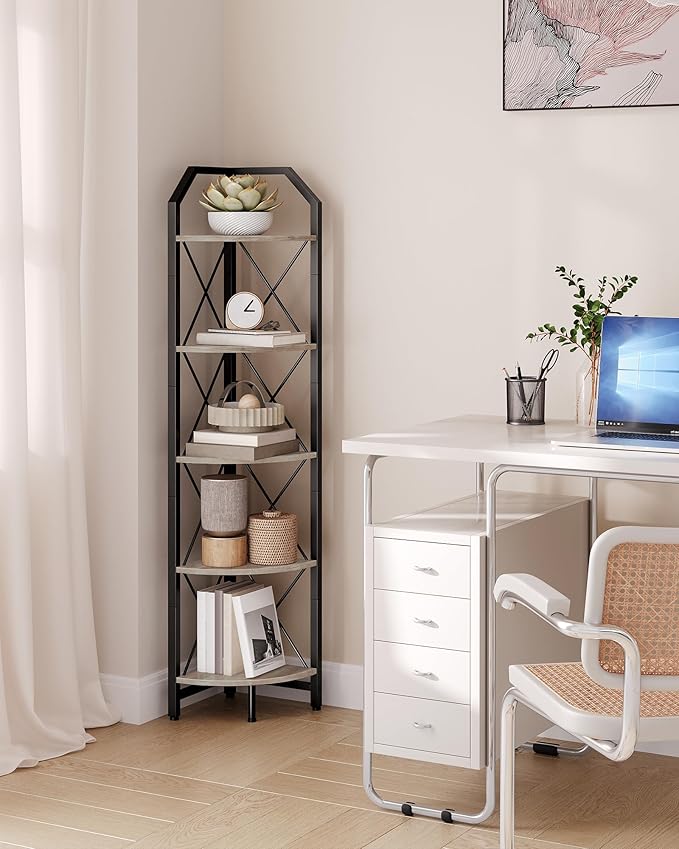 CHOEZON 5-Tier Corner Shelf, Industrial Corner Bookshelf, 59.4" Corner Storage Stand, Plant Stand Display Shelf, Corner Bookcase for Bedroom, Living Room, Home Office, Greige and Black TCJ10BG
