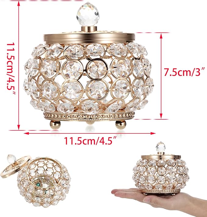 Hipiwe Crystal Jewelry Box with Glass Lid Small Trinket Organizer Mirrored Treasure Box Ring Holder Earrings Necklace Storage Box Keepsake Gift Box for Home Dresser Decor, Gold