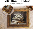 Vintage Gold Framed Wall Art Retro Moody Books and Flowers Oil Painting Canvas Print Dark Academia Decor Rustic Farmhouse Dark Floral Picture Poster Artwork for Study Library Office Bedroom
