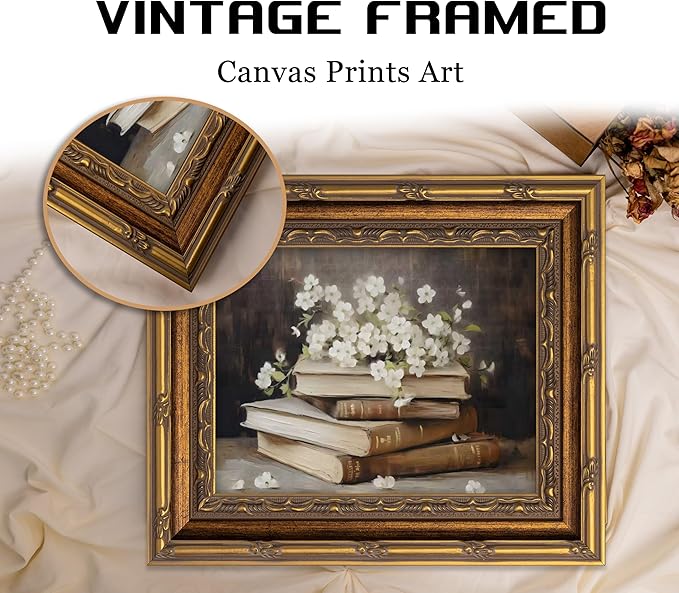 Vintage Gold Framed Wall Art Retro Moody Books and Flowers Oil Painting Canvas Print Dark Academia Decor Rustic Farmhouse Dark Floral Picture Poster Artwork for Study Library Office Bedroom