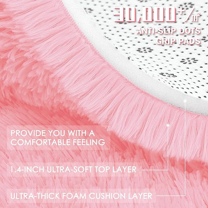 OLANLY Pink Round Rugs for Bedroom - Machine Washable, 4 ft Circle Area Rugs for Living Room, Soft and Fluffy Shaggy Carpet for Teen Girls and Boys, Nursery Rooms, Dorms, Home Decor Aesthetic