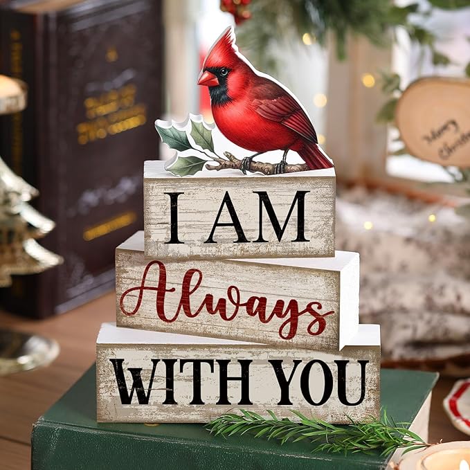 4 Pieces Cardinal Gift Decorations Wooden Red Cardinal Sign for Loss of Loved One Tiered Tray Decor I Am Always with You Sign Sympathy Remembrance Memorial Gifts for Home Kitchen Shelf Tabletop