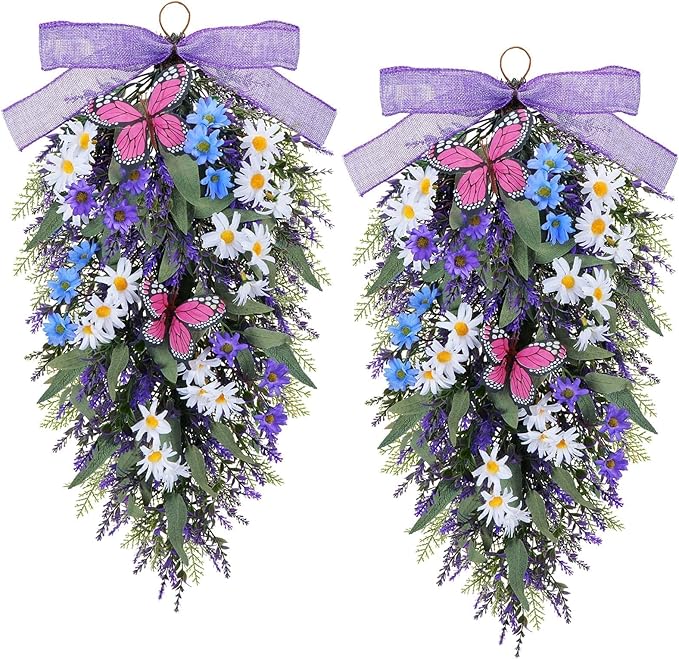 23" Lavender Teardrop Swag Wreath 2Pcs Spring Summer Swags for Front Door Faux Lavender Teardrop Swag with Butterfly Purple Wreath for Porch Wall Window Farmhouse Wedding Home Decor