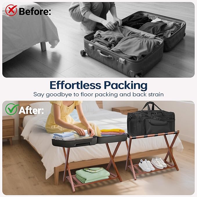 Whitmor Bamboo Luggage Rack with Bottom Shelf, Foldable Suitcase Stand, Heavy Duty Storage Shelf, 5 Nylon Straps & X-shaped Frame, Fully Assembled Walnut Luggage Holder for Guest Room, Bedroom, Hotel