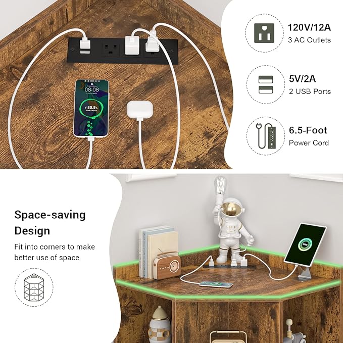 Aheaplus Corner Cabinet, Corner Storage with USB Ports and Outlets, Corners Cube Toy Storage for Small Space, Wooden Corners Bookshelf with 9 Cubes for Playroom, Bedroom, Living Room, Rustic Brown