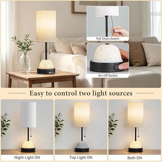 SIBRILLE Table Lamp for Bedroom, Dual Light Nightstand Lamp with Fabric Shade & Ceramic Carved Night Light Base, Individual Controls Bedside Lamp for Living Room, 8W LED Bulb Included