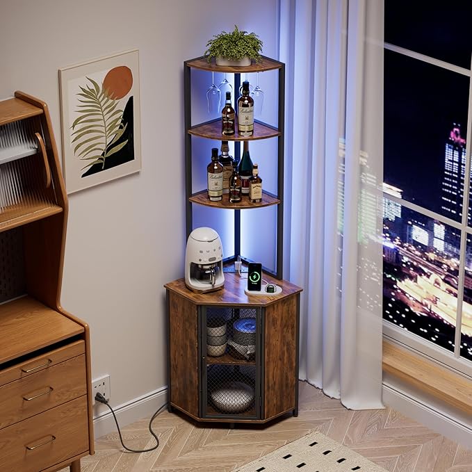 VECELO 6 Tier Corner Shelf with LED Light and Charging Station, 63” Tall Standing Cabinet Organizer, Narrow Bookshelf with Storage Rack for Living Room, Bedroom, Kitchen, Balcony, Small Space