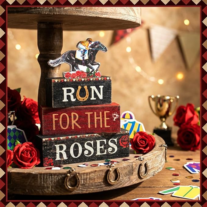 Yuntau 4 Pcs Derby Day Party Decorations Horse Centerpieces for Tables Run for the Roses Table Signs Horsing Racing Wooden Decorations for Derby Shelf Office Festival Party Supplies