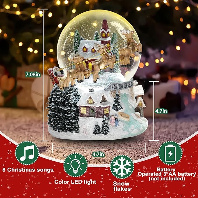 7'' H Christmas Snow Globe with Light up and Musical Spring Decoration Gift, Snowflakes Water Globe, Santa Sleigh Reindeer Resin Snow Globe, Christmas Holiday Indoor Decor.