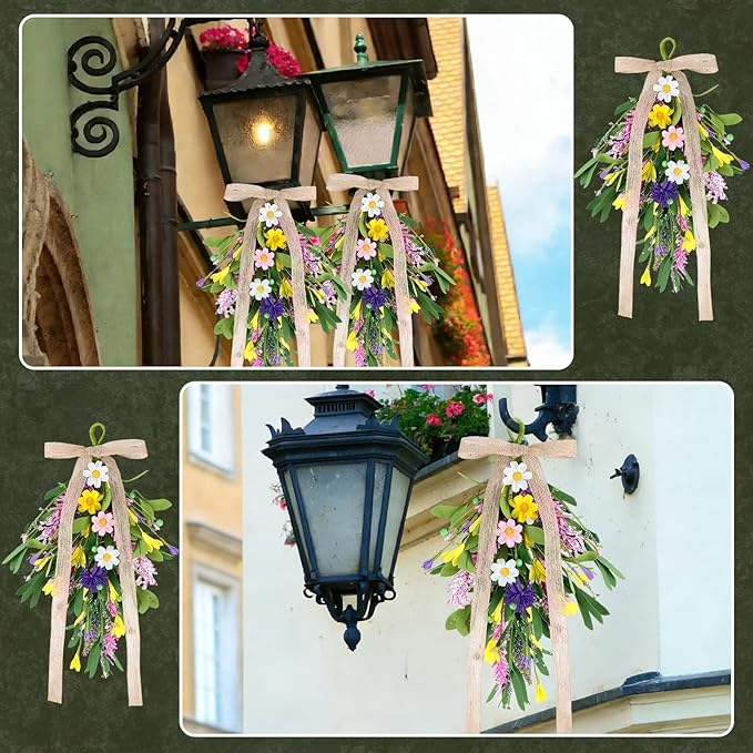 6 PCS Spring Summer Teardrop Swag with Bow Artificial Wildflower Sconce Lighting Swag Wreath Lavender Daisy Wisteria Candlestick Wreath Green Eucalyptus Floral Swag for Wall Cabinet Chandelier Decor