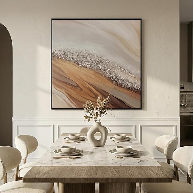 Extra Large Framed Neutral Abstract Wall Art for Living Room, Oversized Square Modern Canvas Prints Paintings, Beige and Earth Tone Pictures for Hallway Dining Bedroom Office Wall Decor 40x40 In