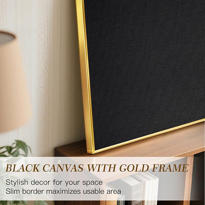 Linen Bulletin Board 36" x 24", Black Fabric Pin Board with Gold Aluminum Frame, Decorative Vision Board for Home Office, Bedroom & Dorm Wall Decor, Includes 10 Push Pins