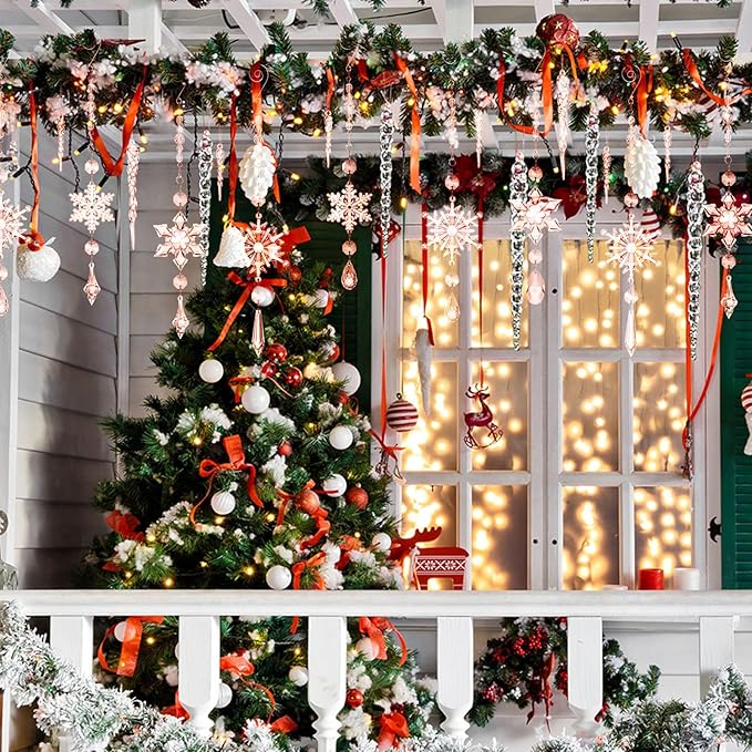 Giegxin 32 Pcs Crystal Christmas Ornaments Crystal Hanging Snowflakes Acrylic Xmas Tree Icicle Drop Decorations with Hooks for Christmas Snow Party Winter(Champagne)
