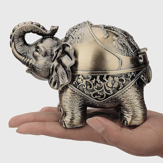 LAUYOO Metal Elephant Ashtray with Lid Windproof Ashtrays Outdoor, Indoor Ashtray for Weed, Vintage Practical Decoration Ash trays for Cigarettes Great Gift for Men Women-Bronze