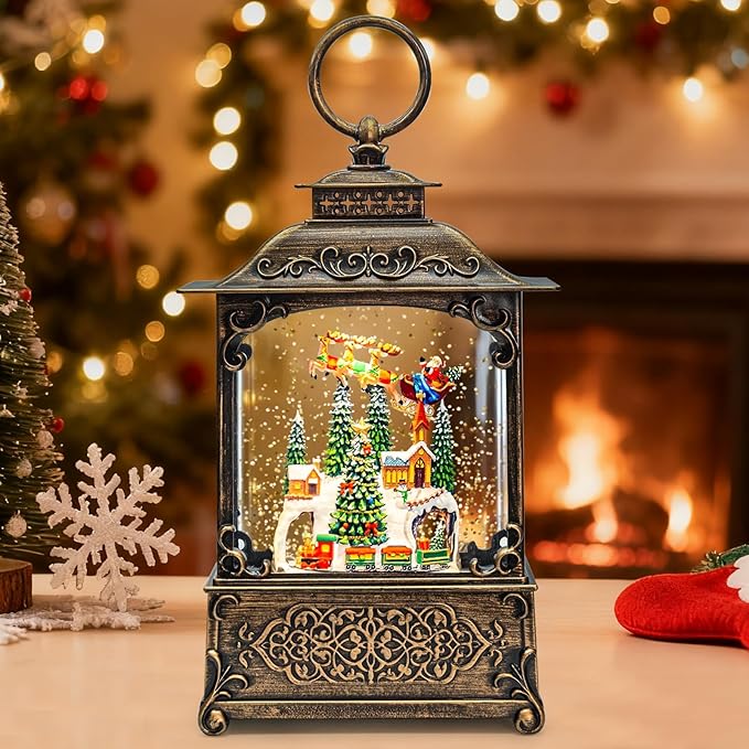 Christmas Snow Globes Lantern, Santa Claus & Train Christmas Decorations Indoor, 6H Timer Battery & USB Powered Light Up Musical Snow Globes for Kids Women Adults Gift Thanksgiving Home Decor
