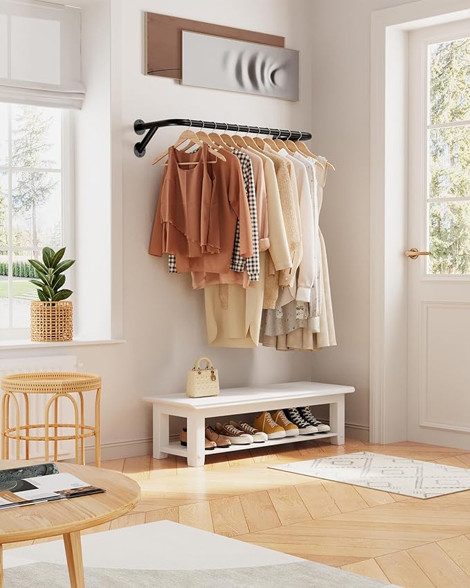 Pipe Clothing Rack - 37.5" Clothing Racks for Hanging Clothes with Dual Flange Base, Multifunctional Wall Mounted Clothes Rack for Bedroom, Entryway, Balcony, Black, 2-Pack