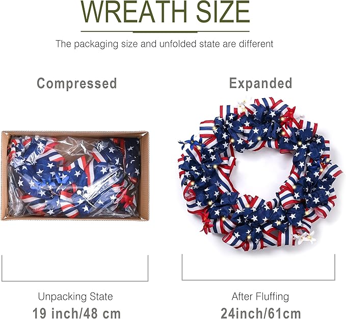 DecorbyHannah Patriotic Wreath for Front Door, 24 inch Large 4th of July Wreaths with Lights, Collapsible Red White Blue Burlap Bow Farmhouse Wreath Decorations for USA 250th Holiday