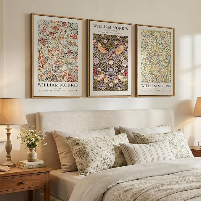 Large Framed William Morris Wall Art Set of 3, Vintage Strawberry Thief Canvas Artwork for Walls, Rustic Botanical Floral Art Prints for Living Room, Bedroom, Dining Room, Hallway, Office Wall Decor, Total Size 30x60 In