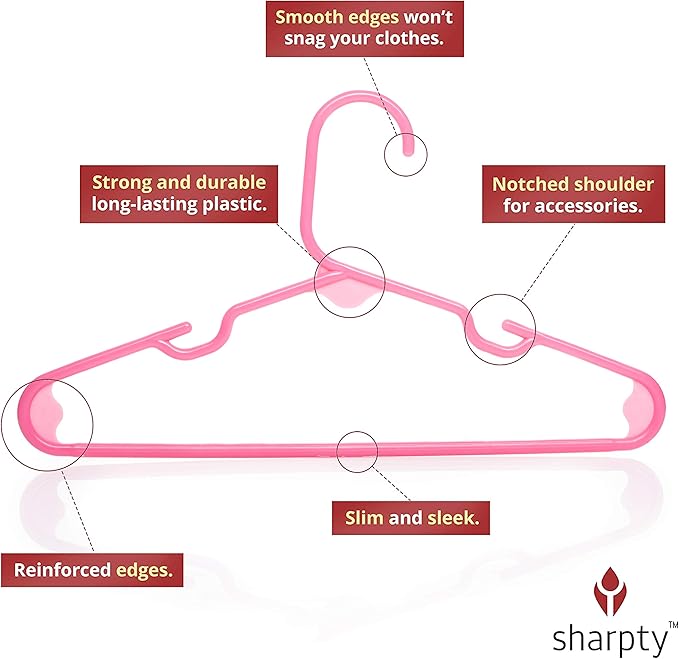 Sharpty Kids Plastic Hangers, Children's Hangers for Baby, Toddler, and Child Clothes - Everyday Standard Use - Ideal for Boys and Girls Closet, Clothing, Pants, Coats, and More - Pink, 20 Pack