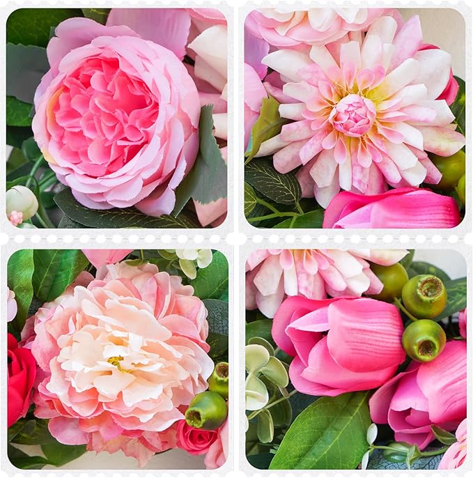 24 Inch Summer Wreaths for Front Door, Handcrafted Summer Wreath with Luxury Dahlias, Peony, Tulips & Roses, Summer Door Wreath for Holiday Farmhouse Indoor Outdoor Wall Home Decor