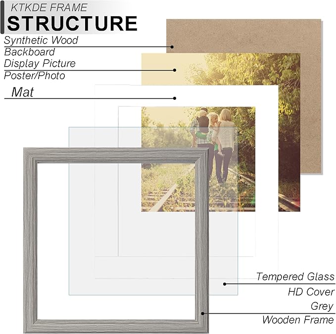 KTKDE 8x8 Picture Frame Real Glass, Display Pictures 4x4 with Mat or 8x8 Without Mat, Modern Style Wood Composite Frame,Gallery Wall Grey Frame & Table Top Display，best gift