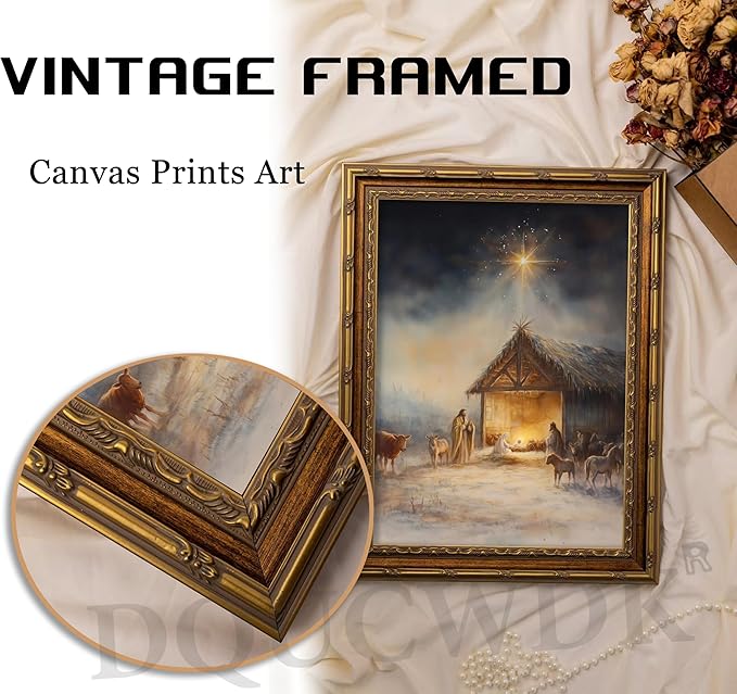 Vintage Nativity Scene Gold Framed Wall Art Birth of Jesus Christmas Christian Painting Canvas Prints Mary Joseph Holy Family Picture Star of Bethlehem Poster Artwork for Church Prayer Room, 16x24in