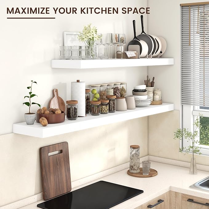 Venusmiles Floating Shelves for Wall, 72 Inch Wide x 12 Inch Deep Floating Shelves, Long Wood Floating Wall Shelf Shelves for Living Room Bathroom Bedroom Kitchen Home - (White, 72" W x 12" D x 2" H)