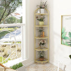 5-Tier Corner Shelf Stand, Gold Corner Bookshelf, Bathroom Storage Rack Shelf, Plant Rack, Tempered Glass, Steel Frame, Modern Style for Living Room, Bathroom, Kitchen, Metallic Gold